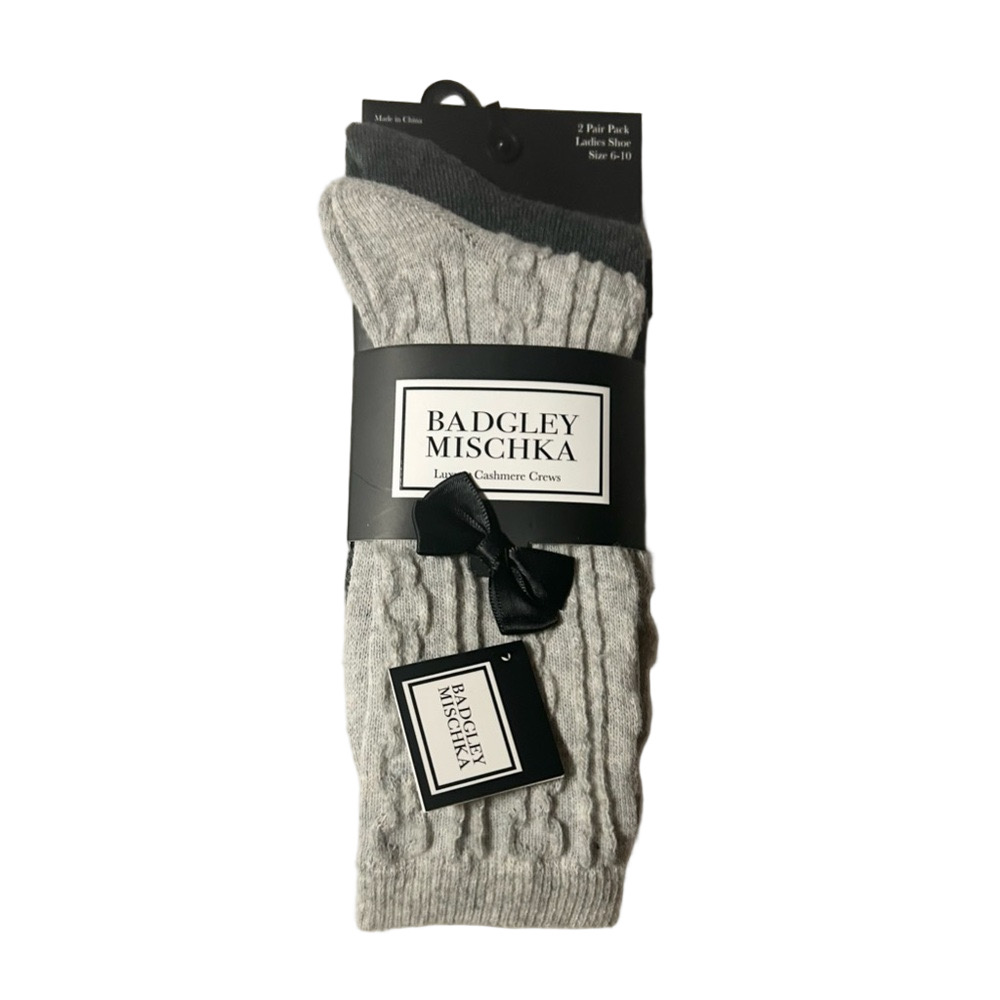 Badgley Mischka Ladies Grey  Luxury Cashmere Crew Socks 2 Pairs Shoe Size 6 - 10